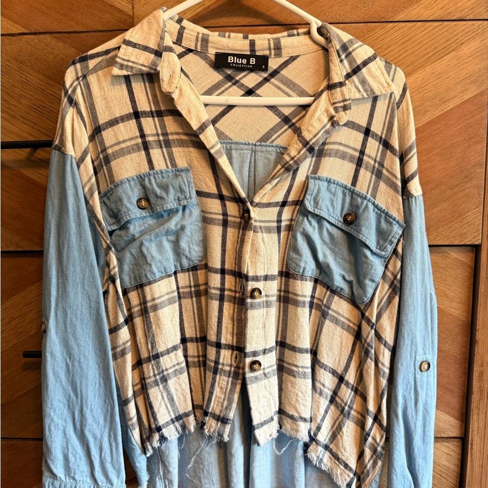Blue B Women's Plaid Button Down Shirt - Cream and Blue